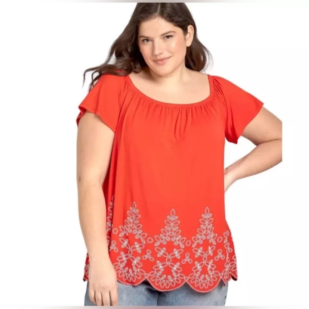 Lane Bryant Off The Shoulder Knit Top Swing Red White Embroidery Hem EUC 18/20